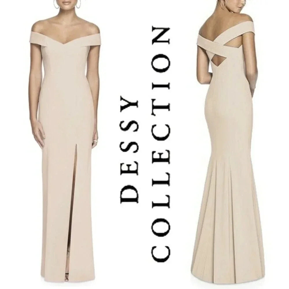 NWT, Dessy Collection, Off-the-Shoulder Criss Cross Back Trumpet, Cameo, 3012‎
